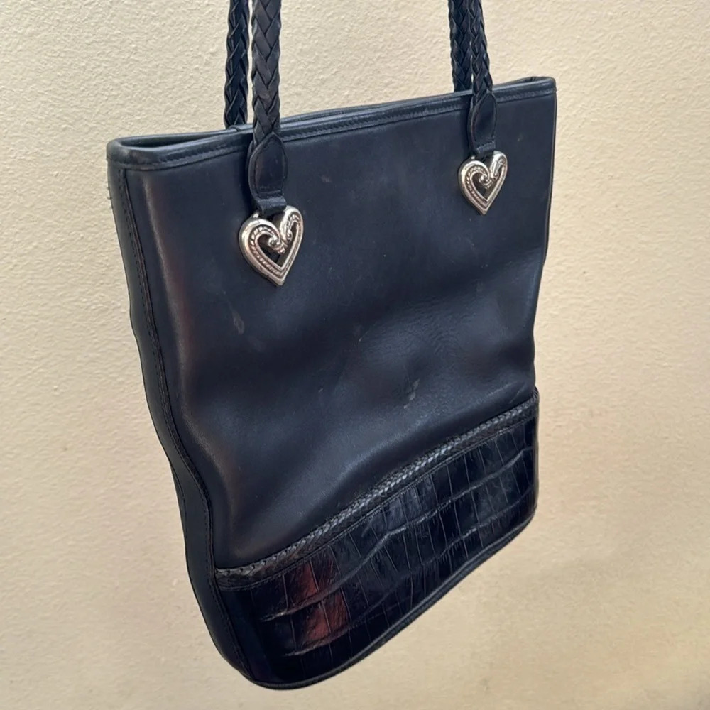 Brighton Black Leather Tote Bag Croc Embossed Trim Braided Straps Heart Hardware - Picture 3 of 16
